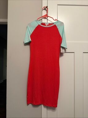 LuLaRoe Red Midi Dress with Mint Raglan Sleeves